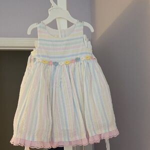 Laura Ashley Pastel Stripe Floral Trim Dress with Pink Lace Hem